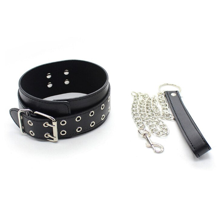 Male Female Black PU Leather Neck Collar Handcuffs Ankle Cuffs Wrist Chain Slave Bondage BDSM Fetish Restraints Kit Sex Toys - buysextoyth