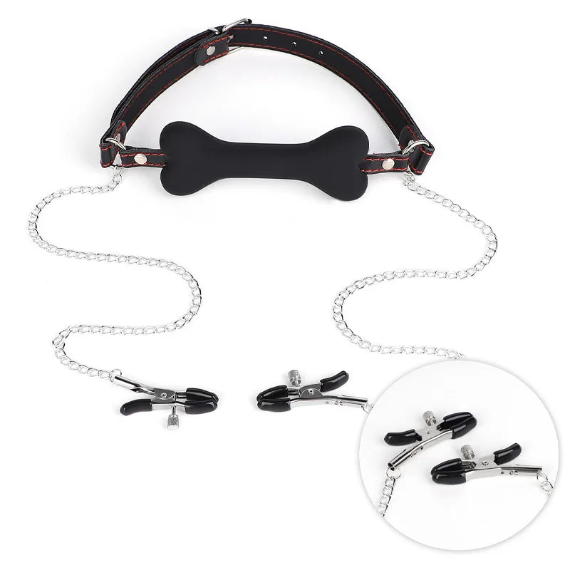 SM Sexy Leather Mouth Plug and Nipple Clamps. Silicone Dog Bone for BDSM. SM Bondage Game for Couples Enhance Sex Pleasure - buysextoyth