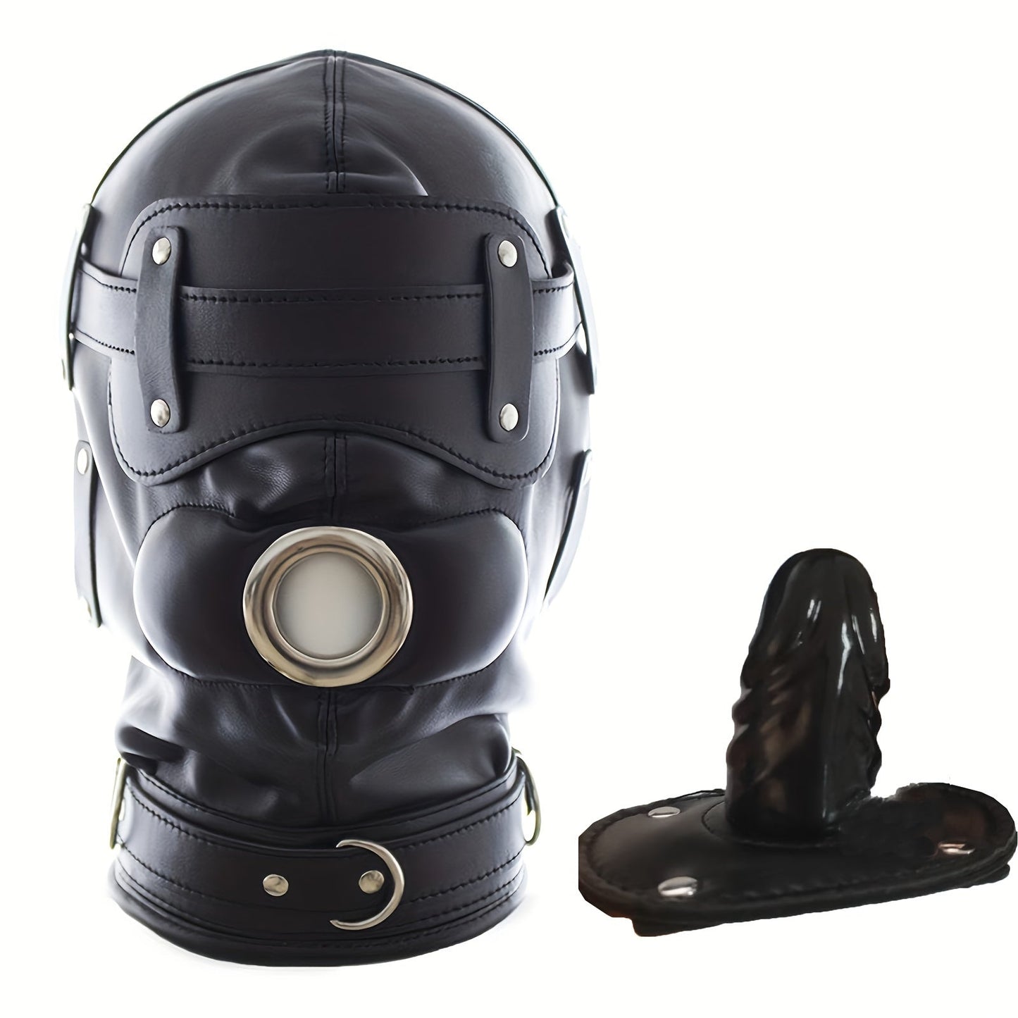 Black Leather BDSM Head Hood with Removable Blindfold And Dildos Mouthpiece Gag - Adult Sex Toy. SM Bondage Accessories Valentine'S Day Gift - buysextoyth