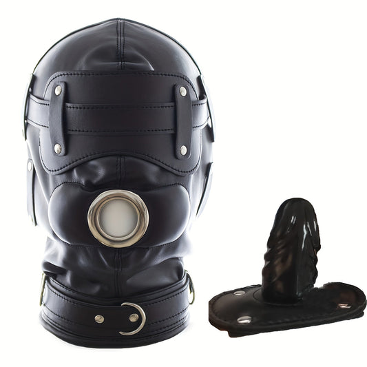 Black Leather BDSM Head Hood with Removable Blindfold And Dildos Mouthpiece Gag - Adult Sex Toy. SM Bondage Accessories Valentine'S Day Gift - buysextoyth