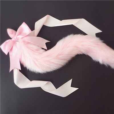 100%Handmade Lovely Japanese Soft Fox Tail Bow Silicone Butt Anal Plug Erotic Cosplay Accessories Adult Sex Toys for Couples - buysextoyth