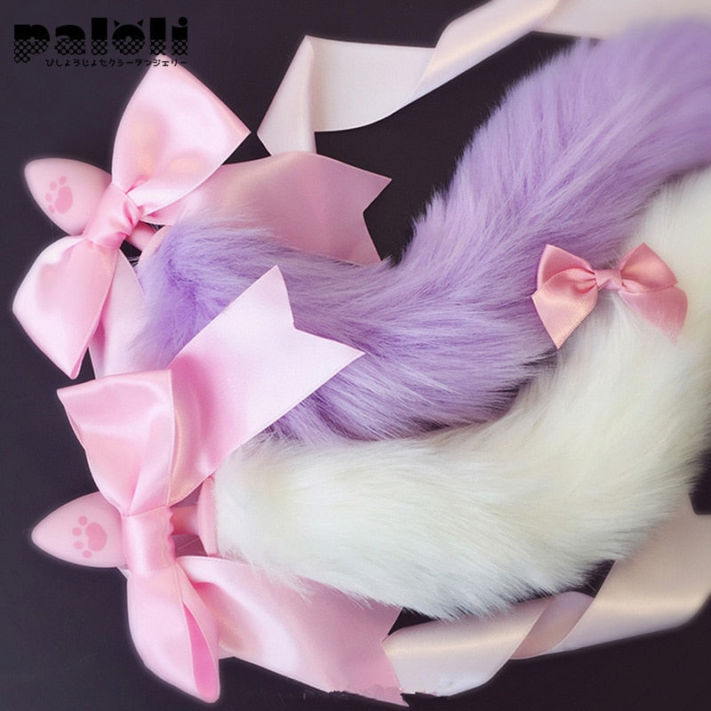 100%Handmade Lovely Japanese Soft Fox Tail Bow Silicone Butt Anal Plug Erotic Cosplay Accessories Adult Sex Toys for Couples - buysextoyth