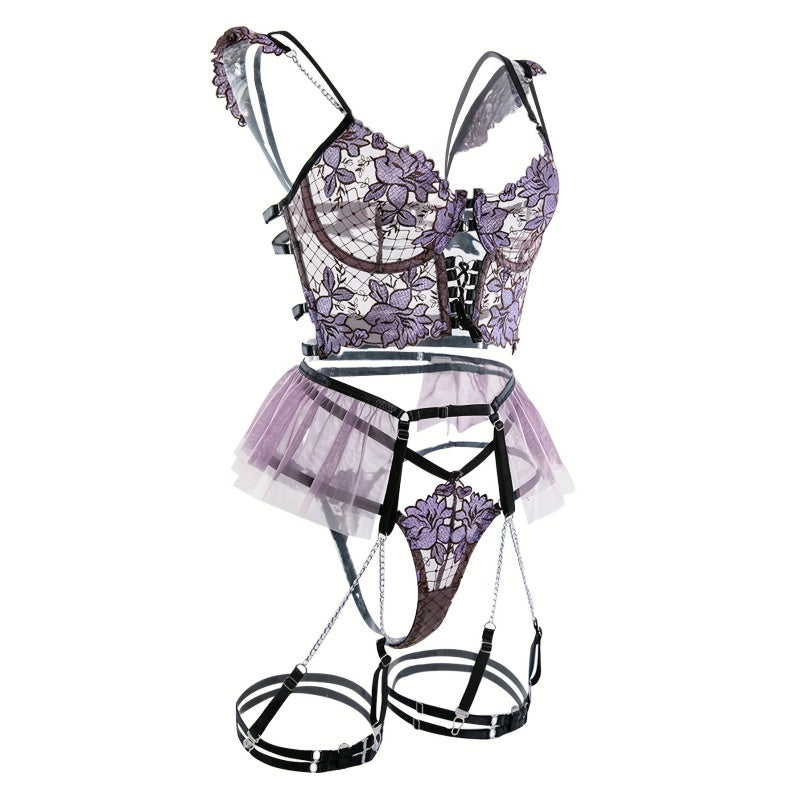 Women's Seductive Sheer Gauze Fishnet Lingerie Set with Floral Embroidery - V Neck Open Back Off The Shoulder Comfortable Bra with Underwire & Thong & Waistband with Chain Garter Belt - Perfect for Uniform Temptation - buysextoyth