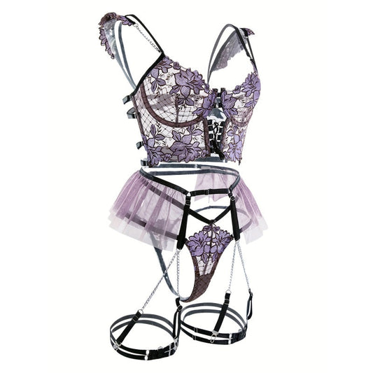 Women's Seductive Sheer Gauze Fishnet Lingerie Set with Floral Embroidery - V Neck Open Back Off The Shoulder Comfortable Bra with Underwire & Thong & Waistband with Chain Garter Belt - Perfect for Uniform Temptation - buysextoyth