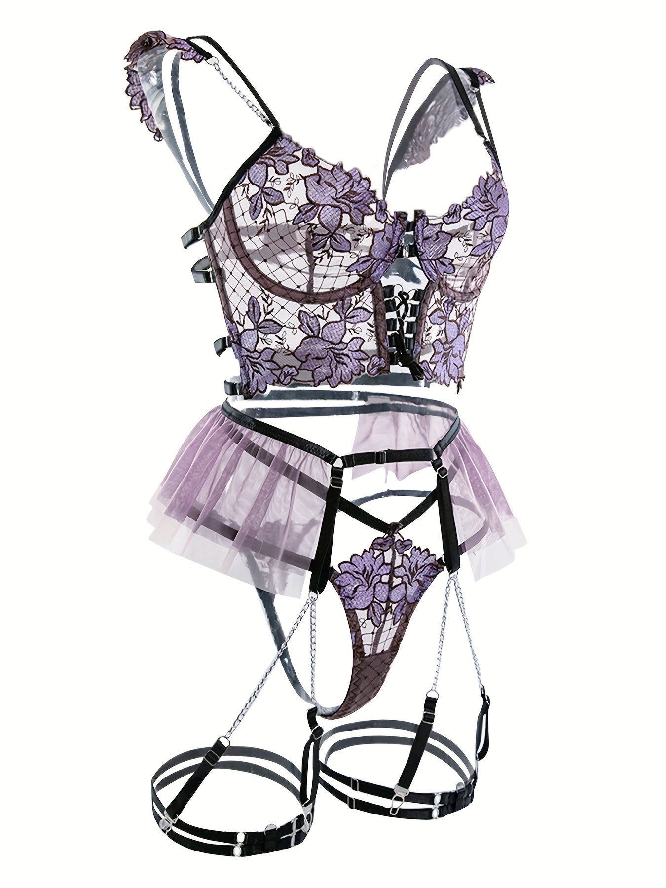 Women's Seductive Sheer Gauze Fishnet Lingerie Set with Floral Embroidery - V Neck Open Back Off The Shoulder Comfortable Bra with Underwire & Thong & Waistband with Chain Garter Belt - Perfect for Uniform Temptation - buysextoyth