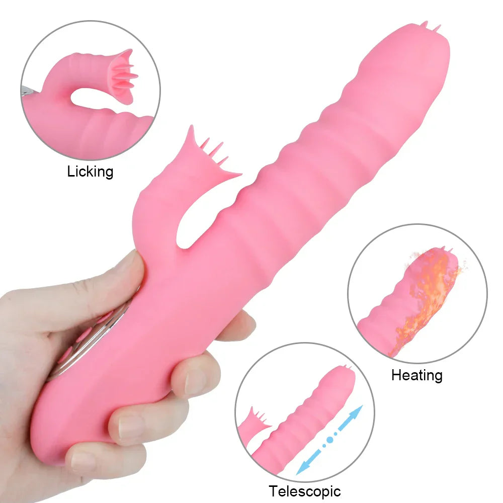 12 Vibration 5 Telescopic Modes Vagina G Spot Massager Heated Dildo Tongue Licking Vibrator Clitoris Stimulator - buysextoyth