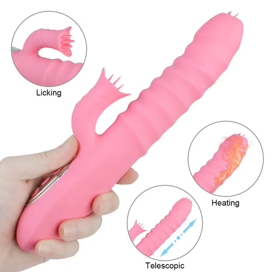 12 Vibration 5 Telescopic Modes Vagina G Spot Massager Heated Dildo Tongue Licking Vibrator Clitoris Stimulator - buysextoyth