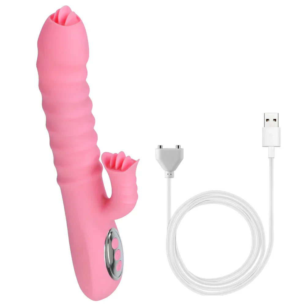 12 Vibration 5 Telescopic Modes Vagina G Spot Massager Heated Dildo Tongue Licking Vibrator Clitoris Stimulator - buysextoyth
