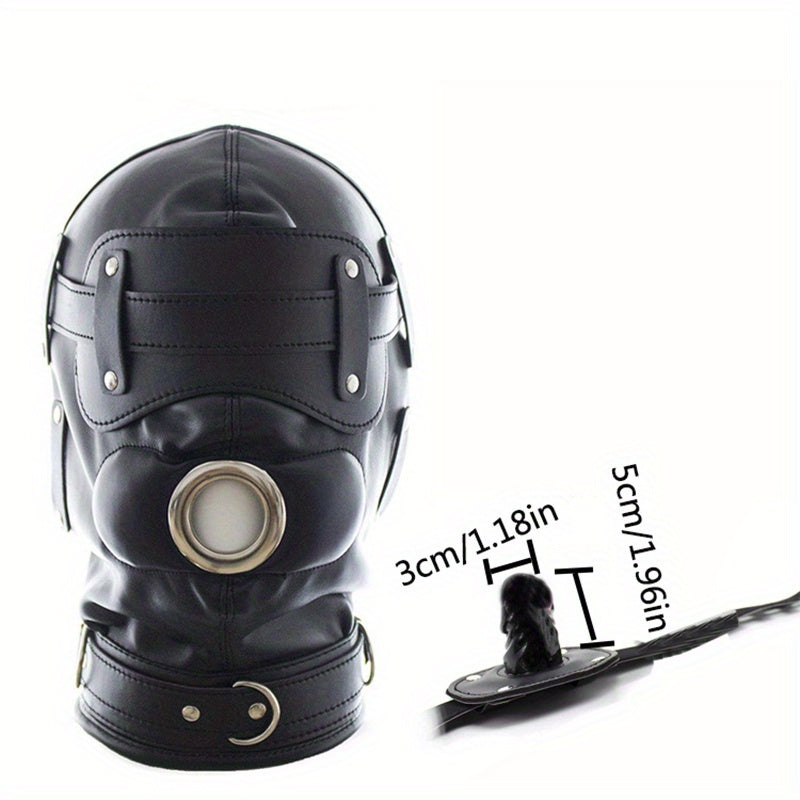 Black Leather BDSM Head Hood with Removable Blindfold And Dildos Mouthpiece Gag - Adult Sex Toy. SM Bondage Accessories Valentine'S Day Gift - buysextoyth