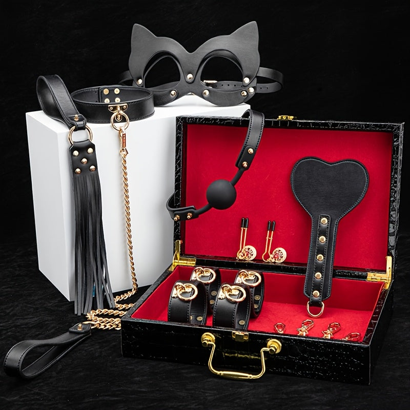 8pcs Leather Cat Ear Mask Set. Sexy Nipple Clip. Wrist Handcuffs. Collar. Drawstring. Edge Whip. Mouth Ball. Love Game Accessories. Sex Toys. Perfect Holiday Gift - buysextoyth