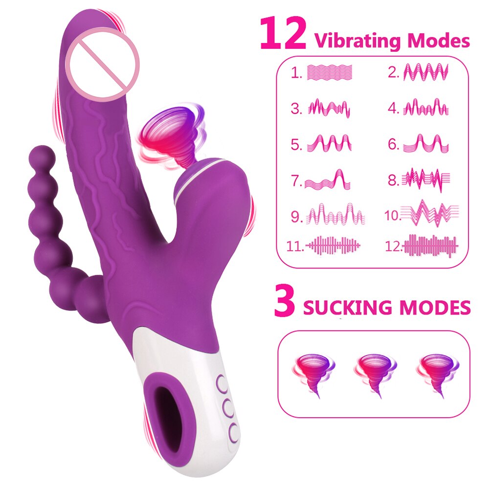 3 IN 1 Vibrator Clitoris Sucker Anal Vagina Stimulator 12 Speed Vibrating Dildo 3 Mode Oral Vacuum Sucking Sex Toys for Women - buysextoyth