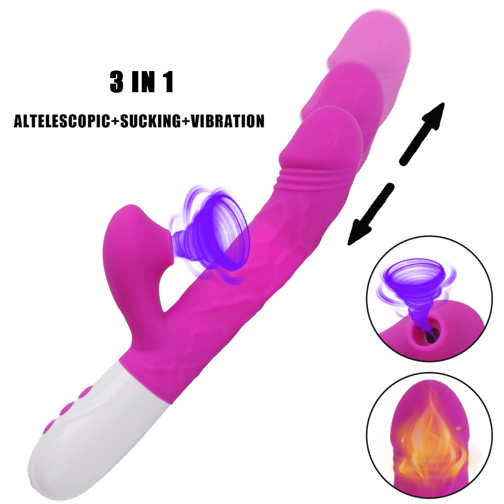 3 In 1 Heating Rabbit Vibrator Telescopic Rotating Dildo Clitoris Sucking Vagina G Spot Stimulate Vibrators Sex Toys for Women - buysextoyth