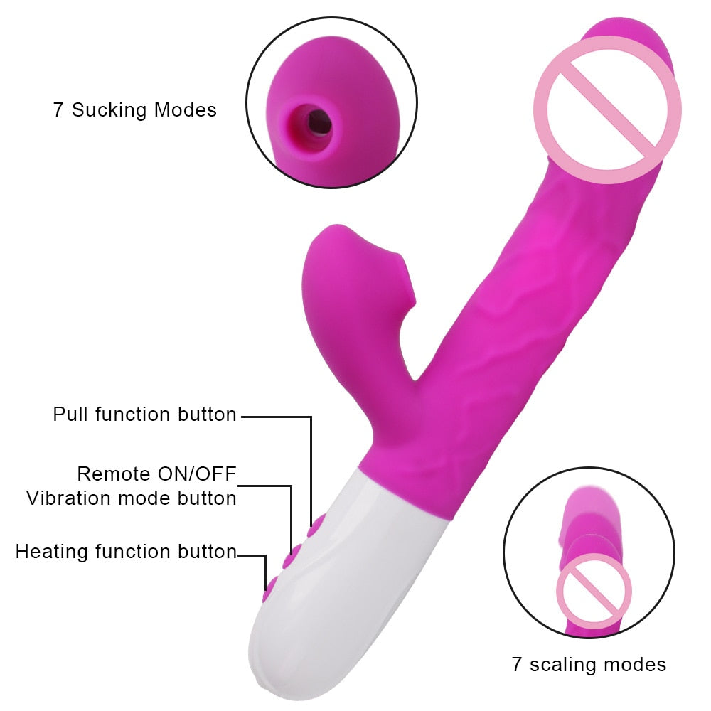 3 In 1 Heating Rabbit Vibrator Telescopic Rotating Dildo Clitoris Sucking Vagina G Spot Stimulate Vibrators Sex Toys for Women - buysextoyth