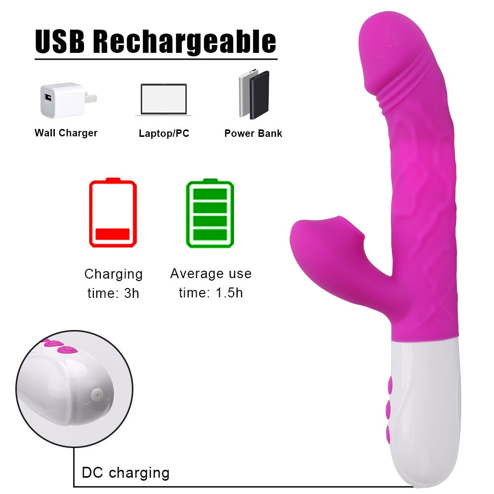 3 In 1 Heating Rabbit Vibrator Telescopic Rotating Dildo Clitoris Sucking Vagina G Spot Stimulate Vibrators Sex Toys for Women - buysextoyth