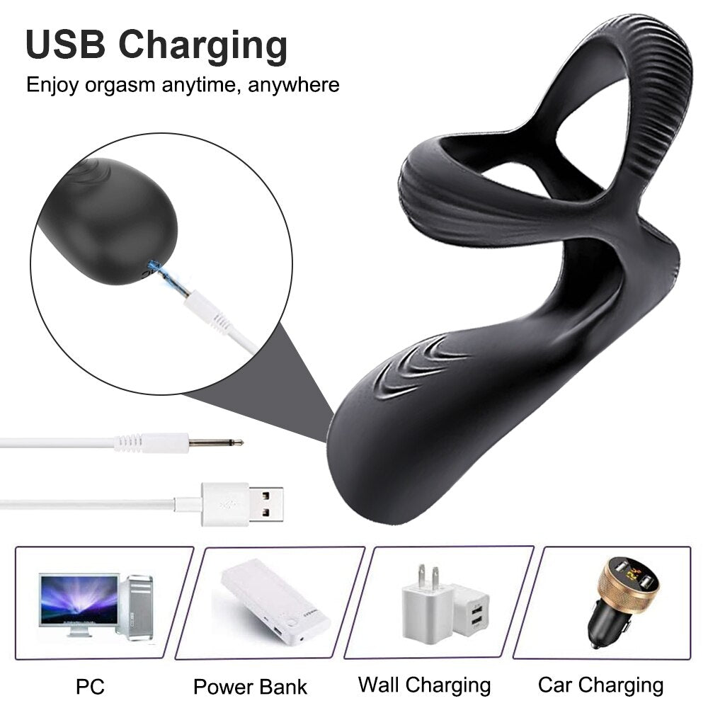3 In 1 Vibrating Cock Ring Male Vibrator Penis Ring Delay Ejaculation Cockring Perineum Stimulator Sex Toys for Men Adult Goods - buysextoyth