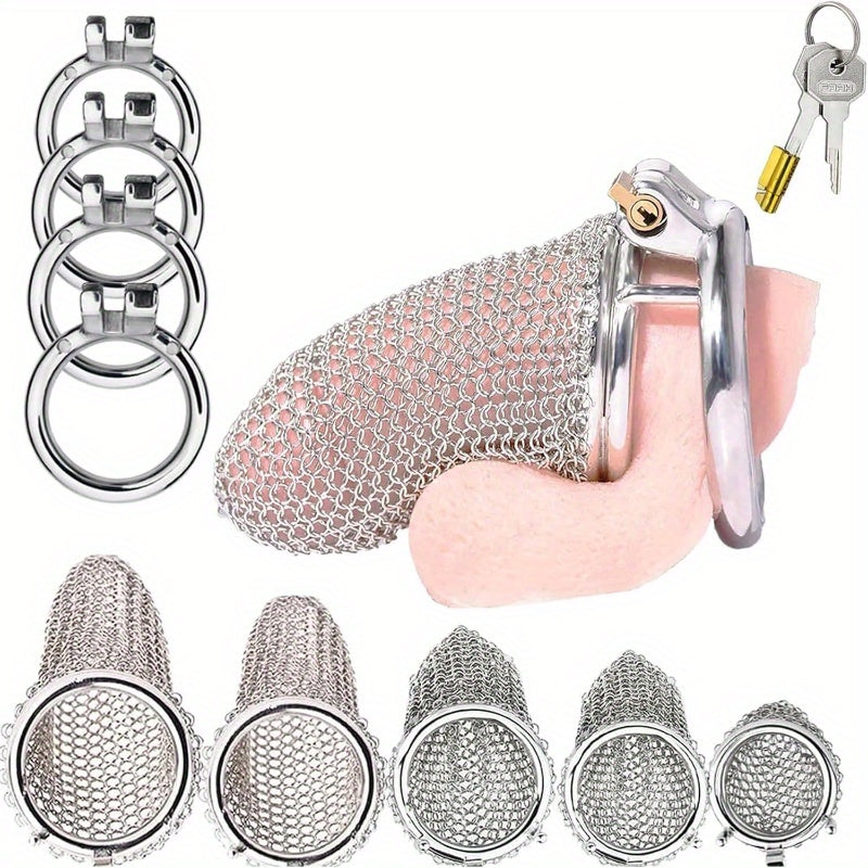 Stainless Steel Penis Cage. Mesh Penis Cage with 4 Rooster Rings Male Chastity Device Set. Restraint Penis Chastity Belt Rooster Cage. Adult Bondage Game Sex Toys (XXL. Round Ring 55mm) - buysextoyth
