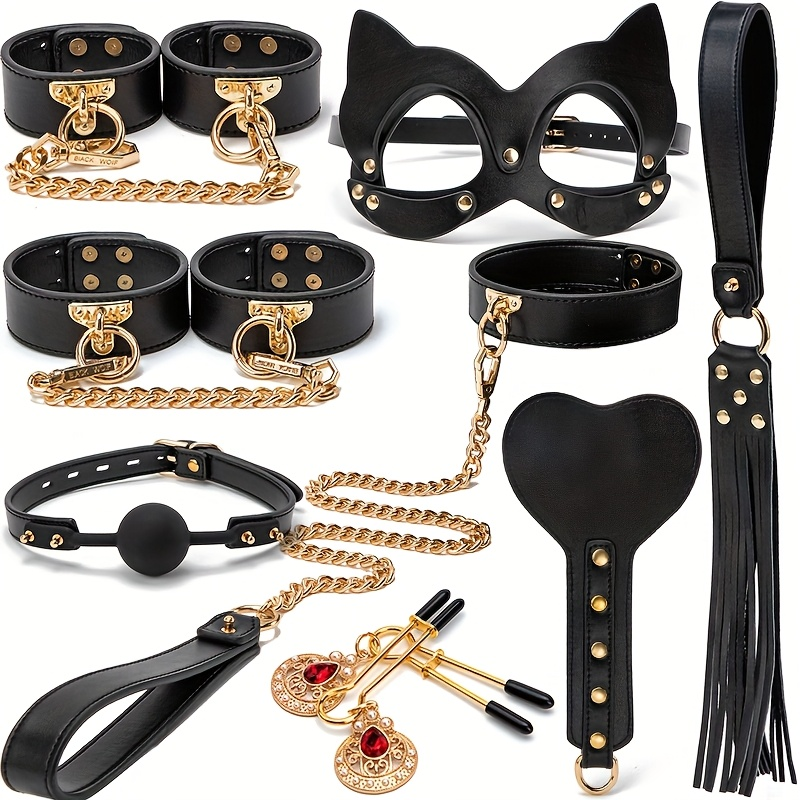 8pcs Leather Cat Ear Mask Set. Sexy Nipple Clip. Wrist Handcuffs. Collar. Drawstring. Edge Whip. Mouth Ball. Love Game Accessories. Sex Toys. Perfect Holiday Gift - buysextoyth