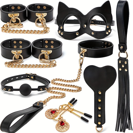 8pcs Leather Cat Ear Mask Set. Sexy Nipple Clip. Wrist Handcuffs. Collar. Drawstring. Edge Whip. Mouth Ball. Love Game Accessories. Sex Toys. Perfect Holiday Gift - buysextoyth