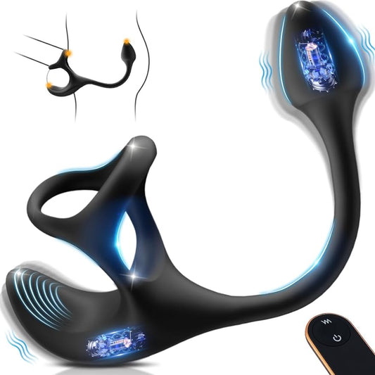 Vibrating Cock Ring Anal Plug with Prostate Massager. 4 in1 Taint Stimulator Penis Ring Vibrator Couples Adult Sex Toys for Men. Remote Control Anal Butt Plug Vibrator for Male Sex Toy Couple - buysextoyth