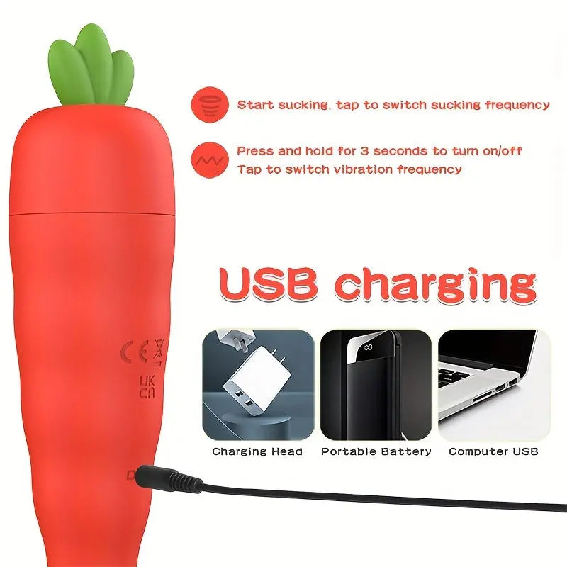 Fairykiss Carrot-Shaped Female Vibrator With 10 Vibration & Sucking Modes. Rechargeable Lithium Battery. Waterproof Silicone Clitoris And G-Spot Stimulator With Suction Cup For Hands-Free Play - buysextoyth