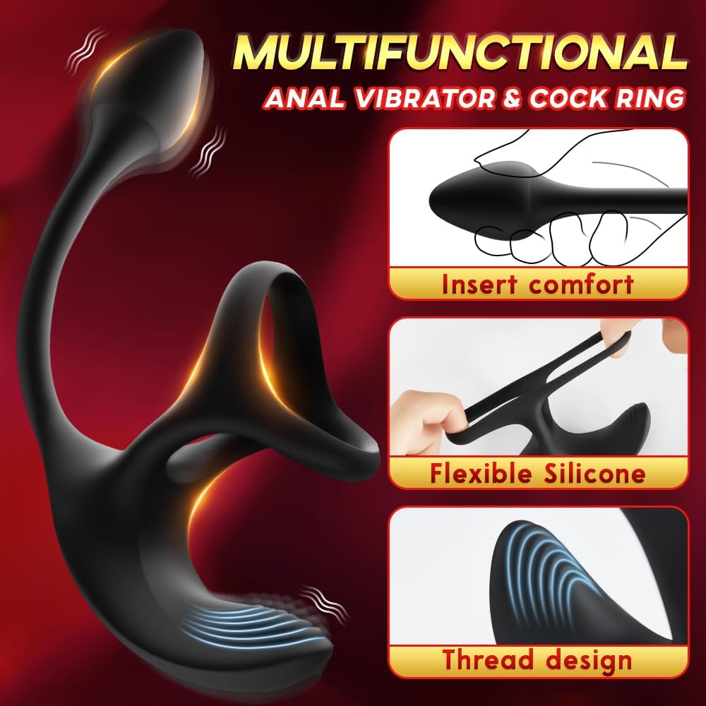 Vibrating Cock Ring Anal Plug with Prostate Massager. 4 in1 Taint Stimulator Penis Ring Vibrator Couples Adult Sex Toys for Men. Remote Control Anal Butt Plug Vibrator for Male Sex Toy Couple - buysextoyth