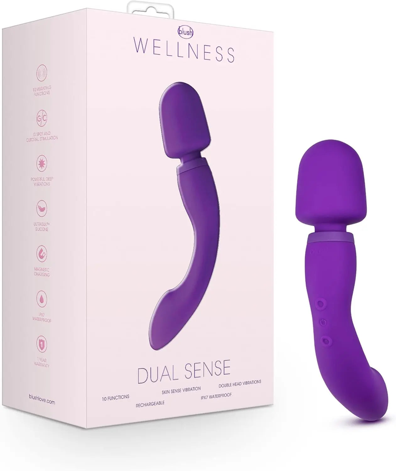 Blush Wellness Dual Sense - Innovative Touch Sensitive Ultra Soft Silicone Massage Wand - Target Sore Muscles- 10 Powerful Rumbly Vibration Functions On Both Ends of Massager - IPX7 Waterproof - buysextoyth