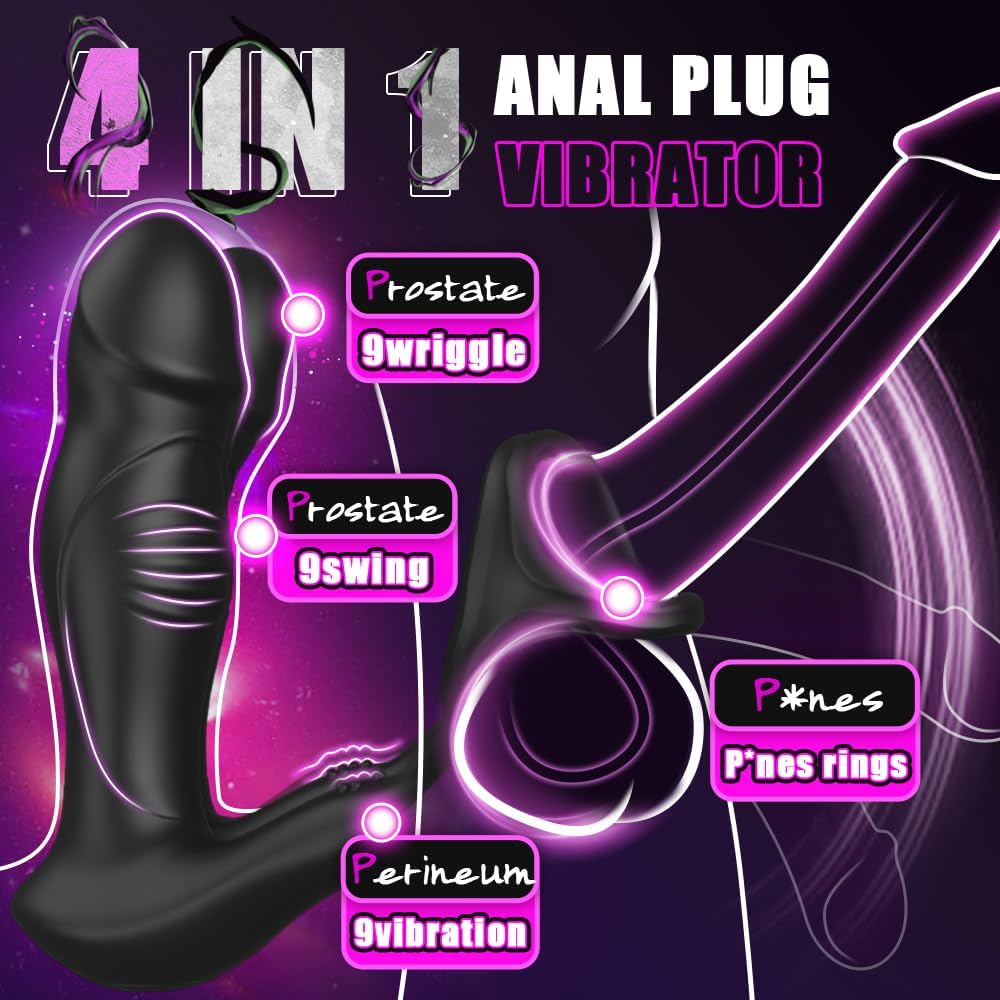 Wiggling Anal Vibrator Prostate Massager with Cock Ring. 9 Swing Thrusting & Vibrating Remote Control Anal Plug Dildo Shaped. Adult Male Sex Toys for Beginner&Advanced Player Gay Toy for Men Couples - buysextoyth