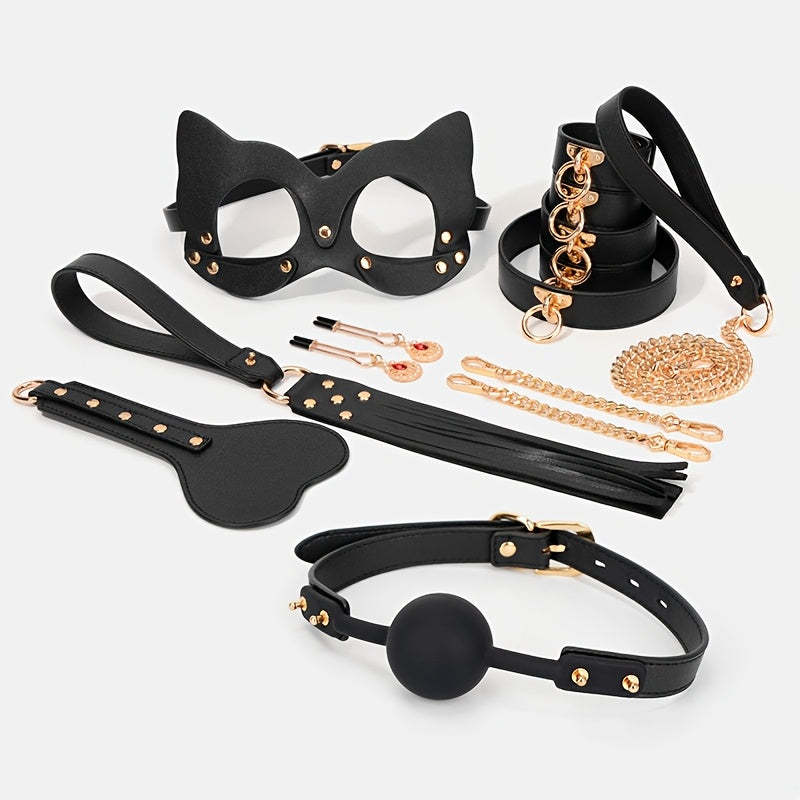 8pcs Leather Cat Ear Mask Set. Sexy Nipple Clip. Wrist Handcuffs. Collar. Drawstring. Edge Whip. Mouth Ball. Love Game Accessories. Sex Toys. Perfect Holiday Gift - buysextoyth