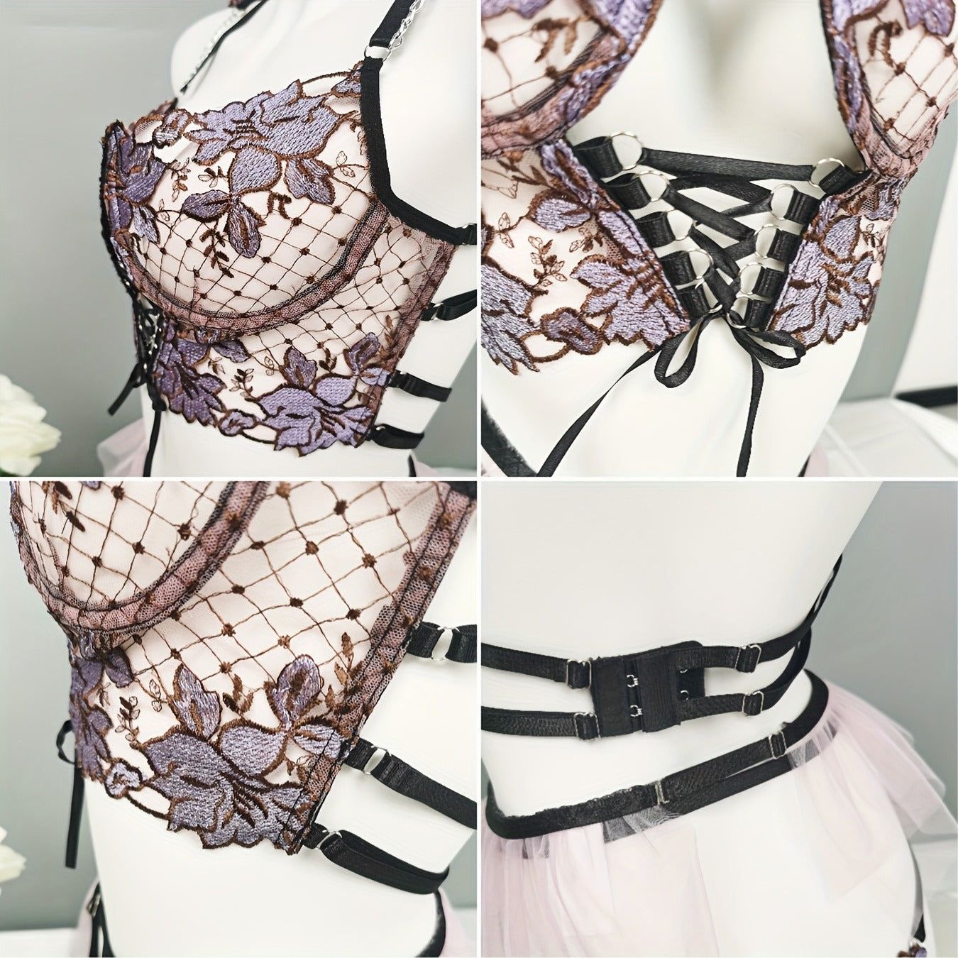Women's Seductive Sheer Gauze Fishnet Lingerie Set with Floral Embroidery - V Neck Open Back Off The Shoulder Comfortable Bra with Underwire & Thong & Waistband with Chain Garter Belt - Perfect for Uniform Temptation - buysextoyth