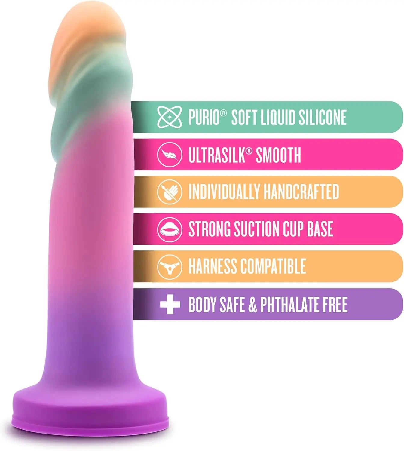 Blush Avant Sunrise Gaze Artisan 7.5 Inch Dildo – Hand Crafted with Purio® Liquid Silicone Wrapped in Satin Smooth UltraSilk® – Suction Cup Base & Harness Compatible - Sherbet - buysextoyth