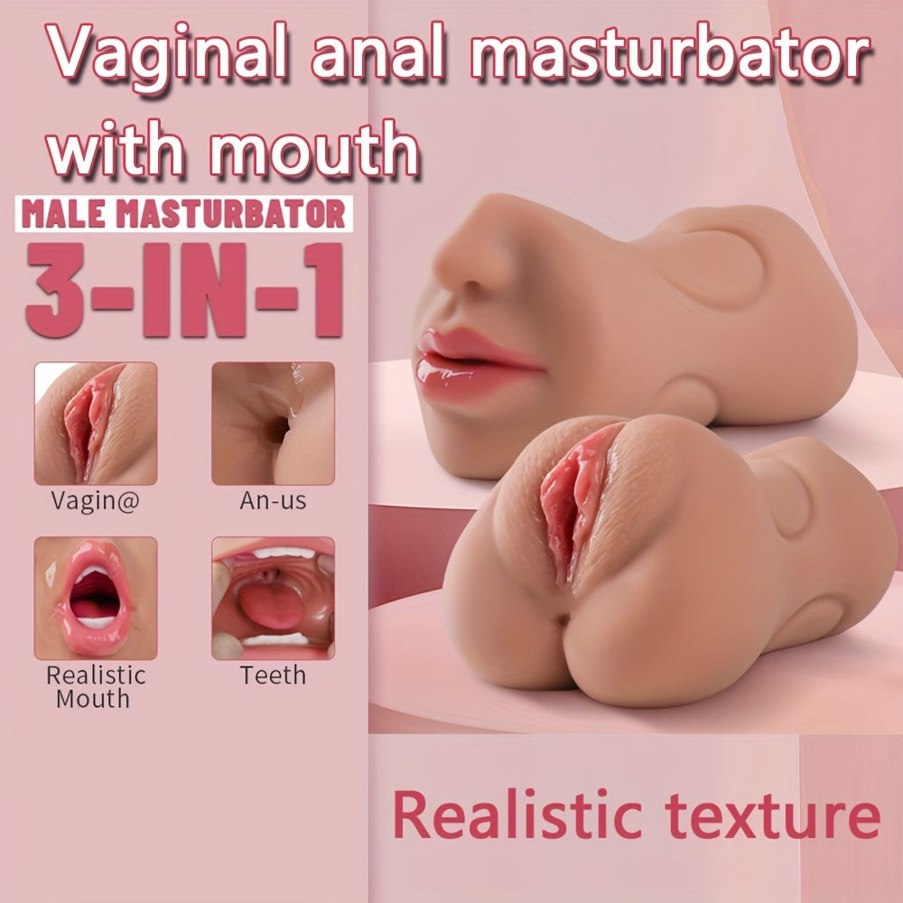 3-in-1 Realistic Male Masturbator - Oral. Vaginal & Anal Pocket Pussy Sex Toy for Men with 3D Textured Channels. Ultra-Soft TPE Material. Waterproof Adult Pleasure Accessory - buysextoyth