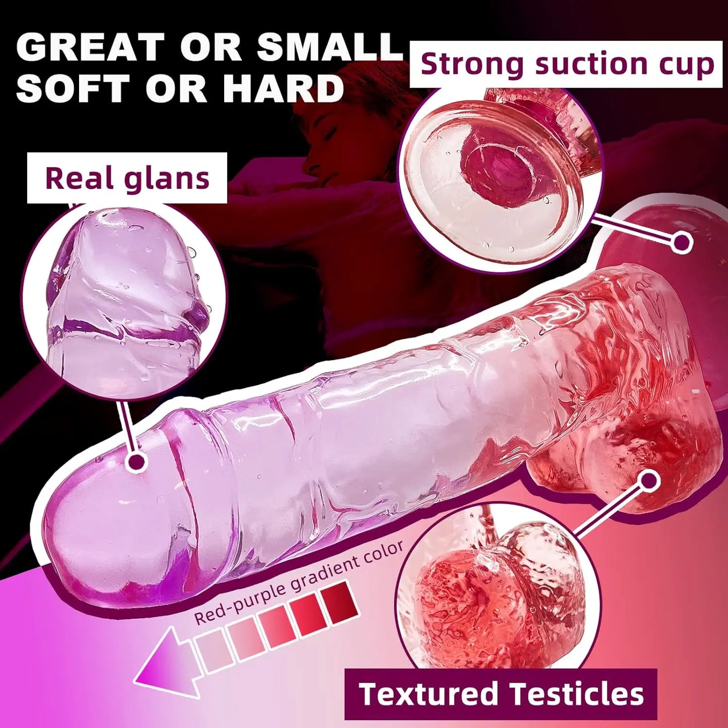 Realistic Dildo Clear Silicone 7.8 Red-Purple Gradient Adult Sex G-spot Dildo with Strong Suction Cup for Women Hand Free Play Flexible Soft Penis Dong. Toys for Vaginal and Anal Stimulation - buysextoyth