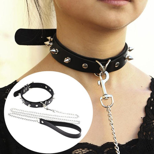 Adults Sexy Toy Erotic Faux Leather BDSM Choker Rivet Neck Collar Traction Rope Bondage Restraint Sex Toys for Couple Game - buysextoyth