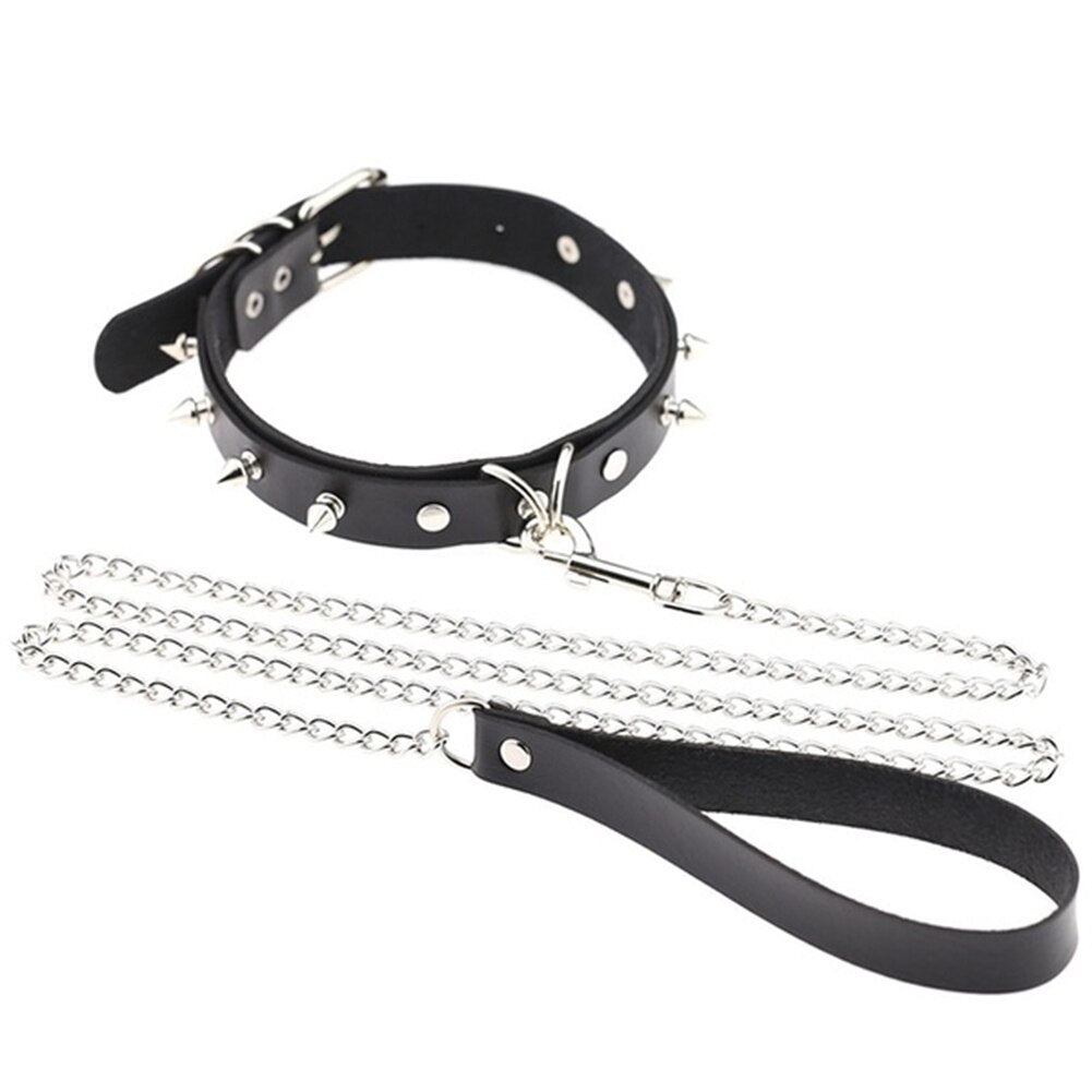 Adults Sexy Toy Erotic Faux Leather BDSM Choker Rivet Neck Collar Traction Rope Bondage Restraint Sex Toys for Couple Game - buysextoyth