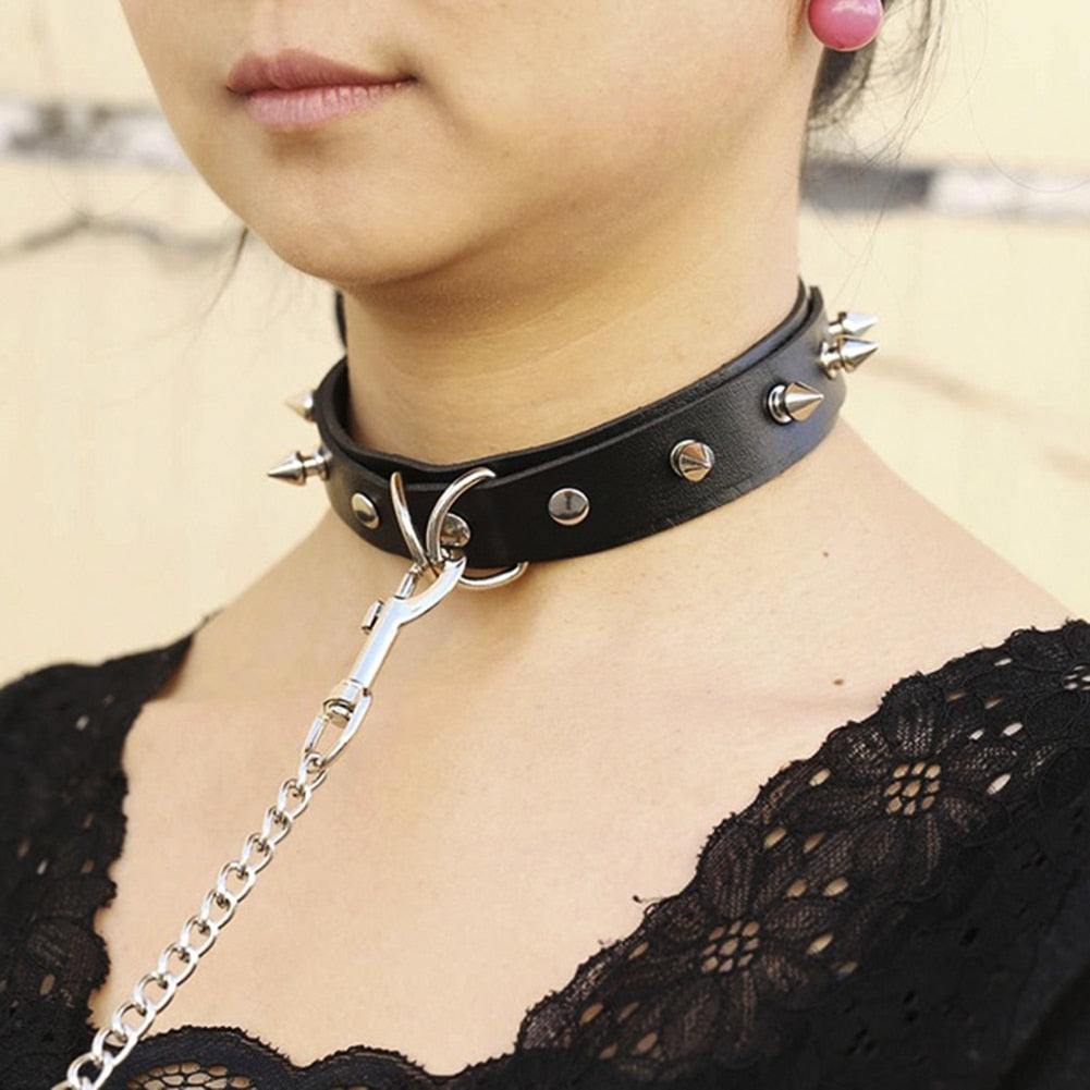 Adults Sexy Toy Erotic Faux Leather BDSM Choker Rivet Neck Collar Traction Rope Bondage Restraint Sex Toys for Couple Game - buysextoyth