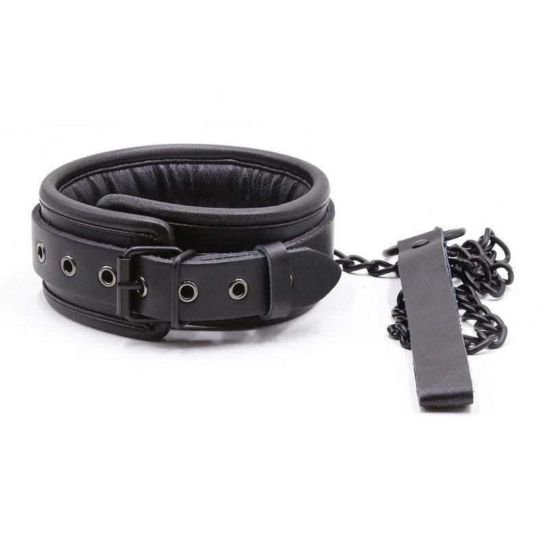 Bdsm Bondage Collar Genuine Leather and Iron Chain Link Metal Hole Slave Collars for Women Sex Toys for Couples Sex Restraints - buysextoyth