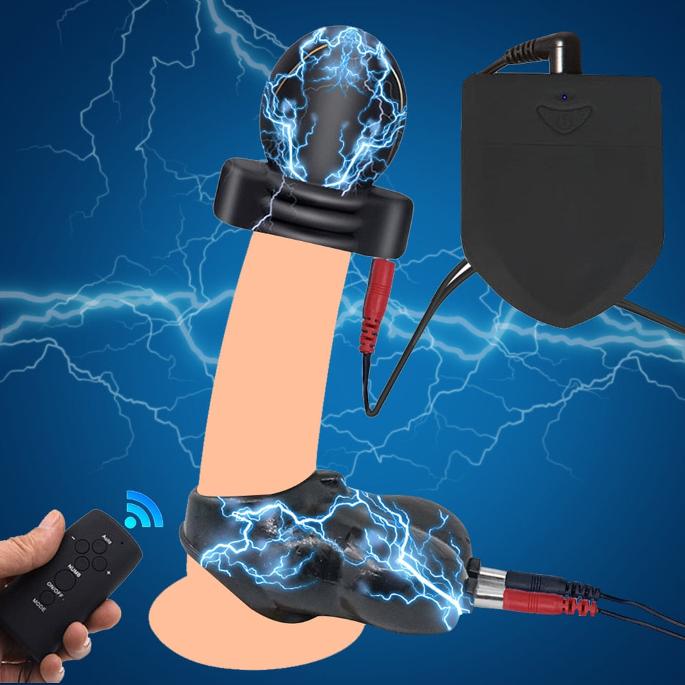 Electric Shock Glans Trainer SM Male Masturbator Scrotum Bondage Massage Chasity Cage Wireless Remote Control Sex Toys BDSM - buysextoyth