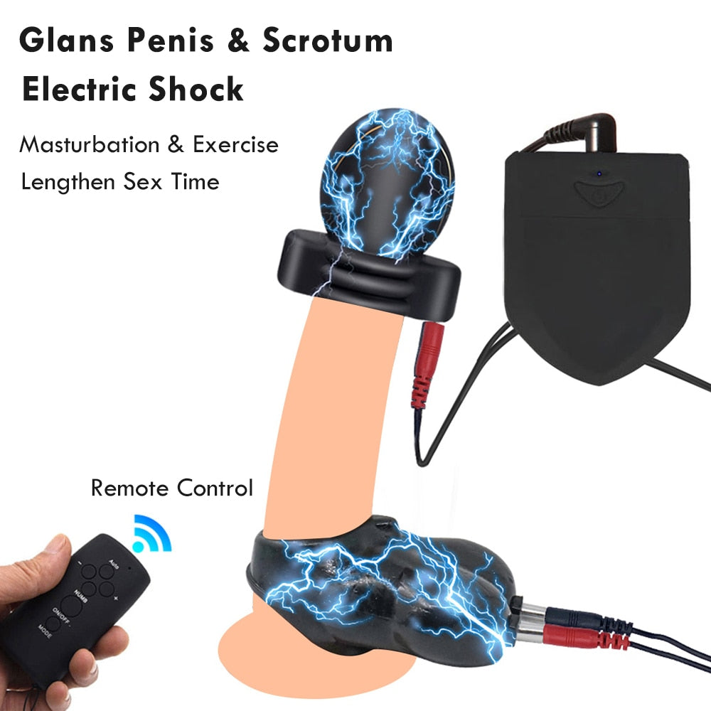 Electric Shock Glans Trainer SM Male Masturbator Scrotum Bondage Massage Chasity Cage Wireless Remote Control Sex Toys BDSM - buysextoyth