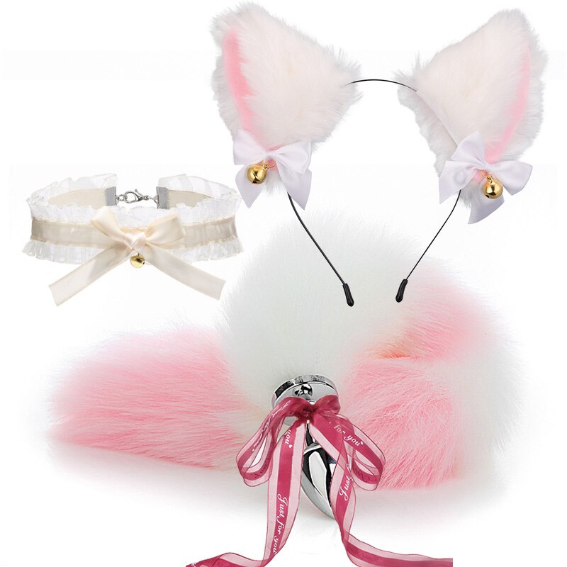 Fox Anal Plug Sex Toys Foxtail Bow Metal Butt Anal Plug Cute Bow-Knot Soft Cat Ears Headbands Erotic Cosplay Couples Accessories - buysextoyth