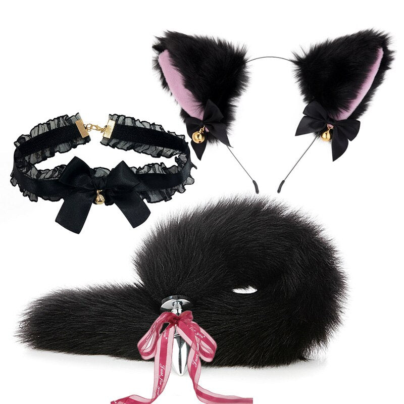 Fox Anal Plug Sex Toys Foxtail Bow Metal Butt Anal Plug Cute Bow-Knot Soft Cat Ears Headbands Erotic Cosplay Couples Accessories - buysextoyth