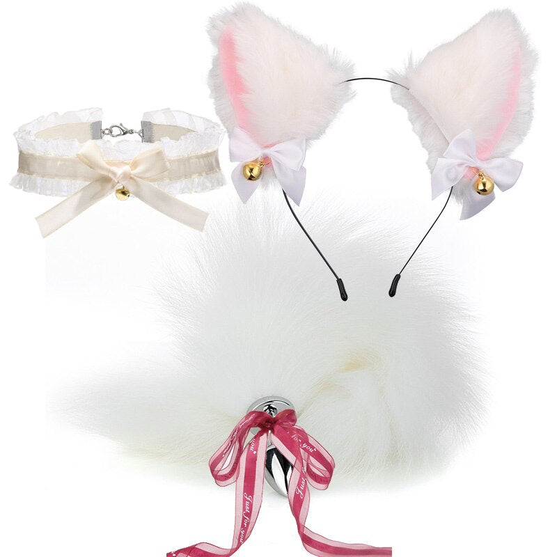 Fox Anal Plug Sex Toys Foxtail Bow Metal Butt Anal Plug Cute Bow-Knot Soft Cat Ears Headbands Erotic Cosplay Couples Accessories - buysextoyth