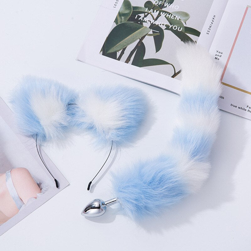 Fox Tail Metal Butt Anal Plug Cute Bow-Knot Soft Cat Ears Headbands Set Erotic Cosplay Accessories Adult Sex Toys for Couples - buysextoyth