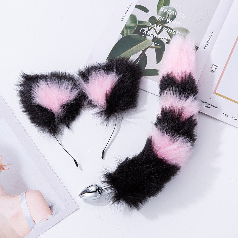 Fox Tail Metal Butt Anal Plug Cute Bow-Knot Soft Cat Ears Headbands Set Erotic Cosplay Accessories Adult Sex Toys for Couples - buysextoyth
