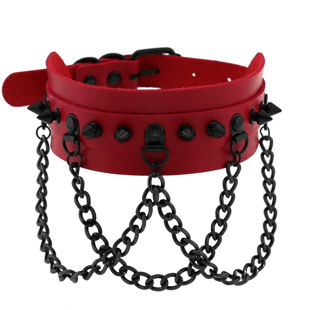 BDSM Punk Black Metal Tassel Red Choker Necklace Sexy Spiked Neck Strap Clavicle Collar Men Necklaces Halloween Women - buysextoyth