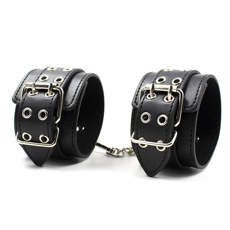 Male Female Black PU Leather Neck Collar Handcuffs Ankle Cuffs Wrist Chain Slave Bondage BDSM Fetish Restraints Kit Sex Toys - buysextoyth