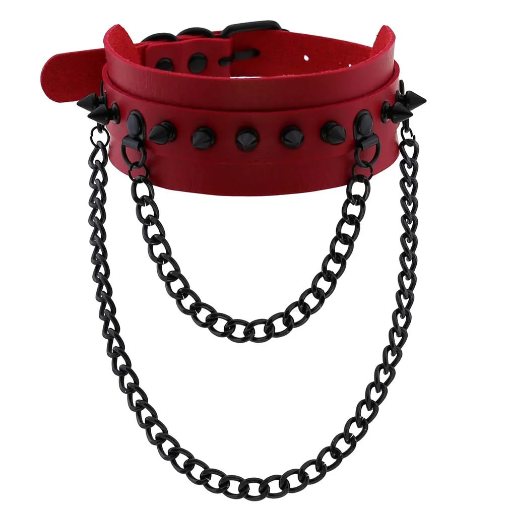 BDSM Punk Black Metal Tassel Red Choker Necklace Sexy Spiked Neck Strap Clavicle Collar Men Necklaces Halloween Women - buysextoyth