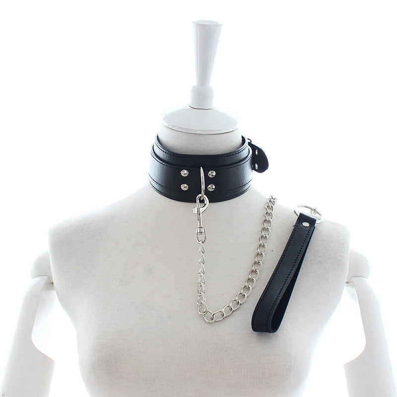 Male Female Black PU Leather Neck Collar Handcuffs Ankle Cuffs Wrist Chain Slave Bondage BDSM Fetish Restraints Kit Sex Toys - buysextoyth