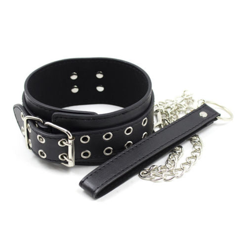 Male Female Black PU Leather Neck Collar Handcuffs Ankle Cuffs Wrist Chain Slave Bondage BDSM Fetish Restraints Kit Sex Toys - buysextoyth