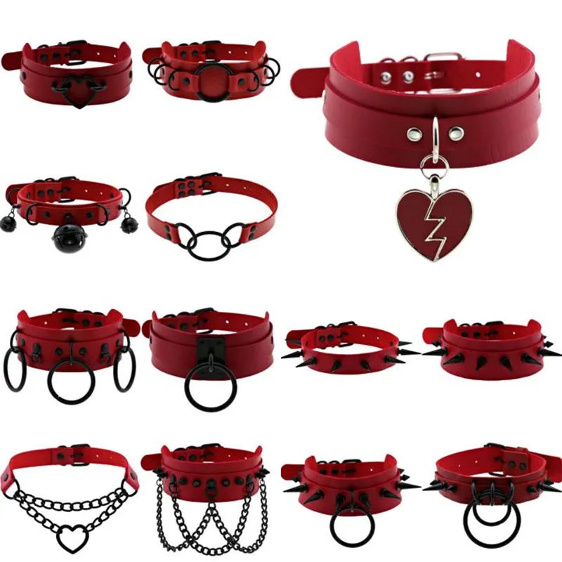 BDSM Punk Black Metal Tassel Red Choker Necklace Sexy Spiked Neck Strap Clavicle Collar Men Necklaces Halloween Women - buysextoyth