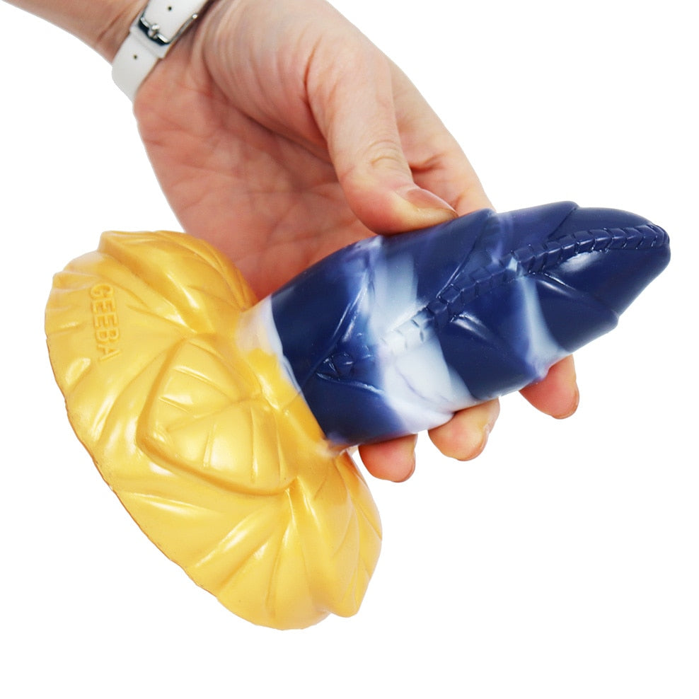 FAAK Large Base Butt Plug Blue and Gold Bud Shape Ribbed Anal Sex Toys with Suction Cup Adult Erotic Products Couple Flirting - buysextoyth